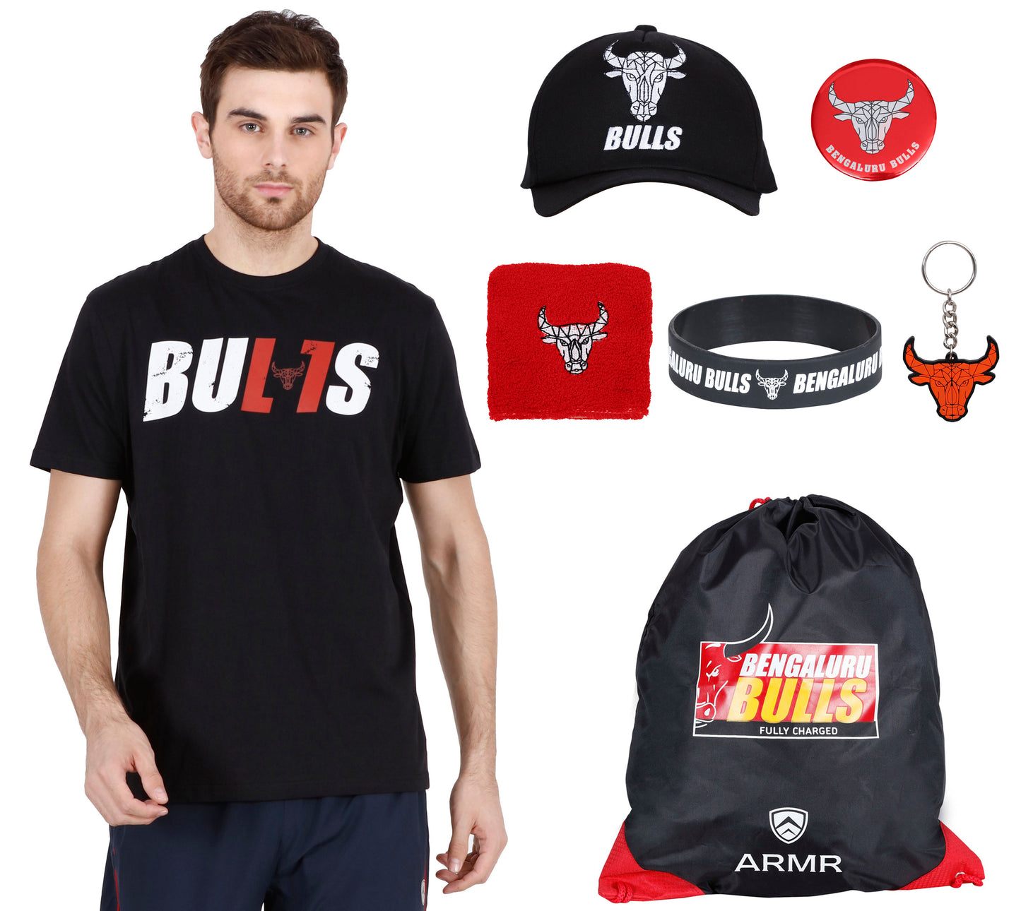 BENGALURU BULLS BLACK BULLS—TEXT TEE PREMIUM FAN KIT